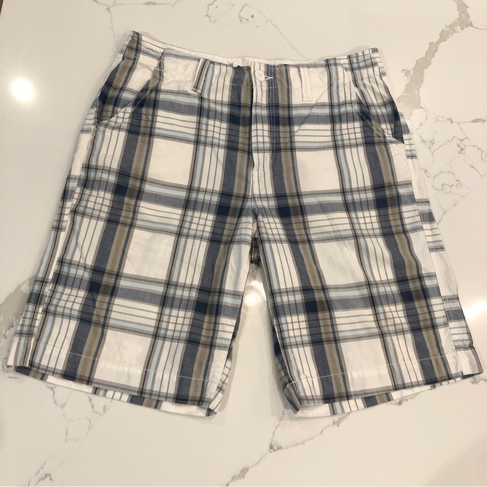 Urban Pipeline Blue White Plaid Board Bermuda Surf Shorts Flat Front Casual 36